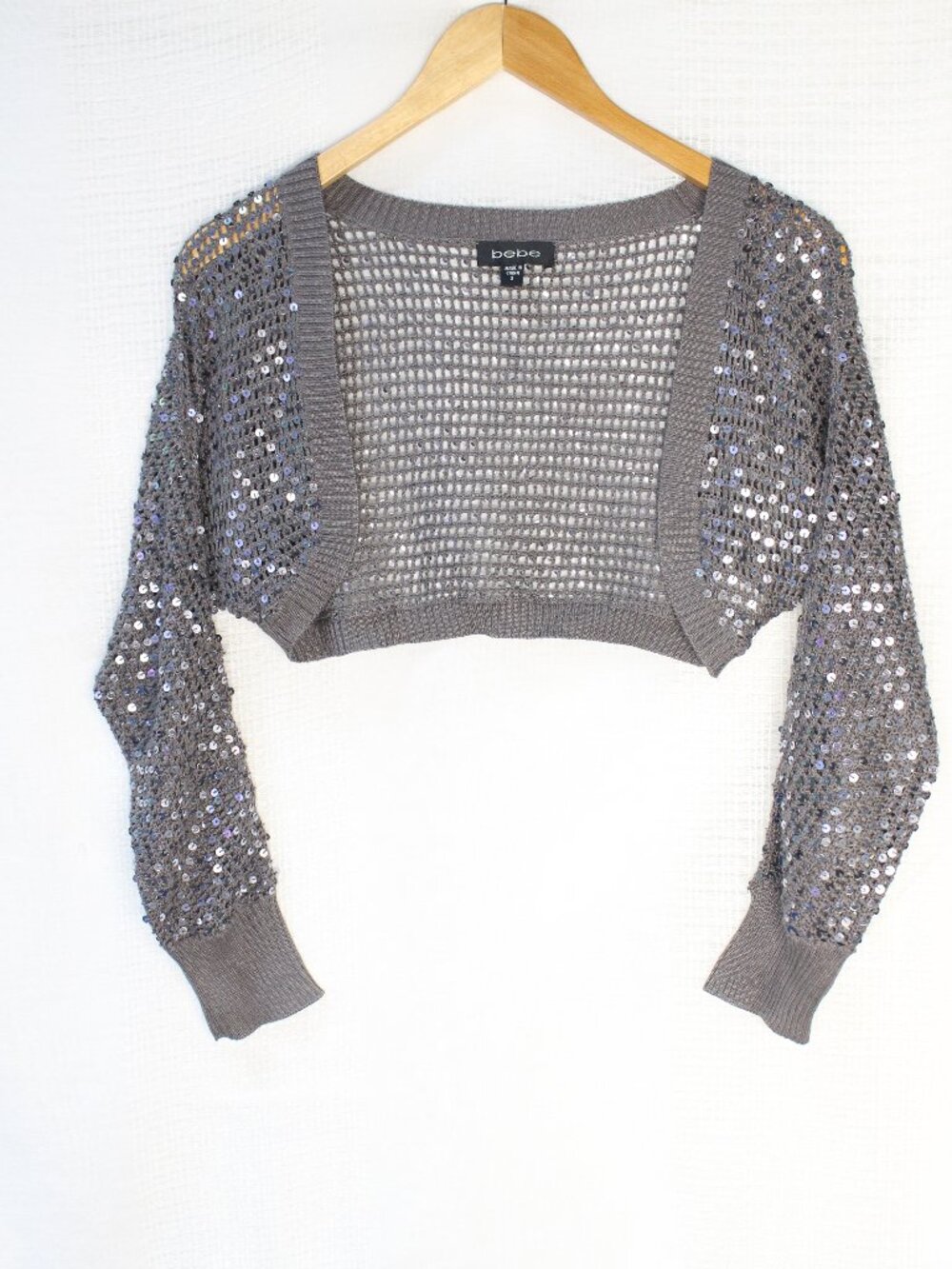 Y2K Vintage Bebe 100% Silk Silver-Gray Cropped Sequin Bolero Shrug Mesh Cardigan